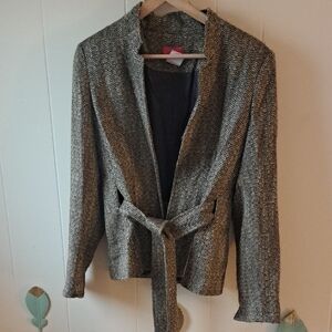 Oscar De la Renta Woven Tie-Waist Women's Jacket - Brown-Gray, Belt 8